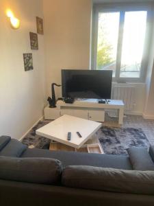 a living room with a couch and a table and a tv at Appartement Croix rousse 69004 in Lyon