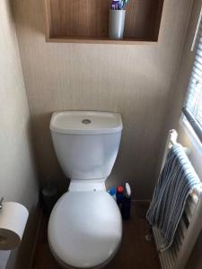 a small bathroom with a toilet and a window at Coorie Nook, Chalet 103 in Aviemore