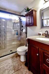 a bathroom with a toilet and a shower and a sink at Wine Country Retreat in Paso Robles