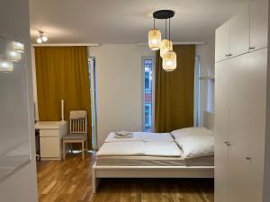 um quarto com uma cama e uma secretária com uma cadeira em New Business Apartment Nr.15 em Dresden