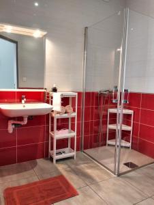 La salle de bains est pourvue d'un lavabo et d'une douche. dans l'établissement Tikazéla - Escale Tournon-Sur-Rhône, à Tournon-sur-Rhône