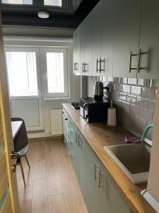 cocina con encimera, microondas y fregadero en Mazepa Apartment en Galaţi