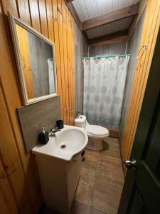Espectacular Tiny House,terraza,Aire acondicionado في بورتو أوكتاي: حمام صغير مع حوض ومرحاض