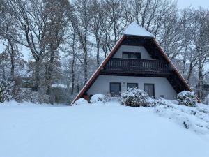 una casa con techo cubierto de nieve en Finnhäuser am Vogelpark - Haus Brigitte, en Marlow