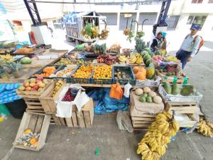 Ein Markt mit einem Haufen Obst und Gemüse. in der Unterkunft Hotel Rosim Cotopaxi in Latacunga