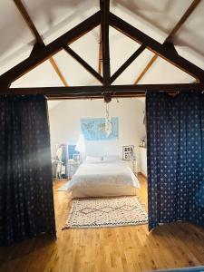 a bedroom with a bed with blue drapes at Loft à partager in Seclin