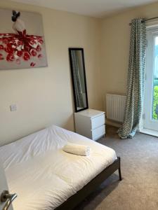 a bedroom with a bed and a mirror and a window at Angelica House in West Derby