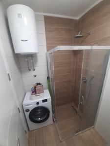 La petite salle de bains est pourvue d'une douche et d'un lave-linge. dans l'établissement Oaza 2, à Banja Luka