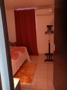 ein Schlafzimmer mit einem Bett und einem roten Vorhang in der Unterkunft Un T2 climatisé, une nuit in Kourou