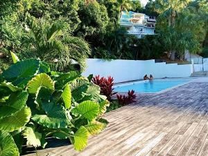 una piscina con plantas y una persona de fondo en EDEN VIEW, en Saint Barthelemy