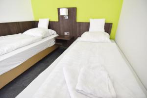 2 Betten in einem Zimmer mit grünen Wänden in der Unterkunft Im Tal 2 Apartment Haus in Bergheim