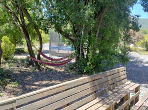 un hamac est attaché à un arbre dans un parc dans l'établissement Cabañas Precordillera Radal 7 tazas, à El Torreón