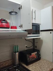 uma cozinha com um micro-ondas e um fogão forno superior em Cómodo Departamento en León em Santa Gertrudis