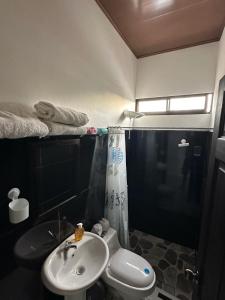 uma casa de banho com um lavatório, um WC e um chuveiro em Apartamento Rodriguez em Quepos