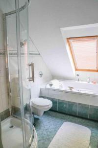 een badkamer met een douche, een toilet en een bad bij Comfortabele woning aan het water, hottub & kachel in Zuidlaren