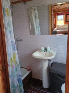 baño con lavabo y cortina de ducha en Tyni house en Puerto Natales