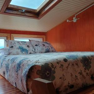 a bedroom with a bed in a room with a skylight at Tyni house in Puerto Natales