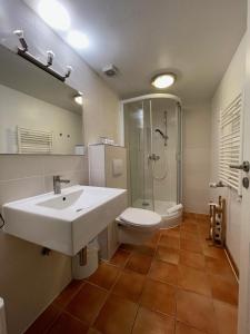 a bathroom with a sink and a shower and a toilet at Hotel Zum Strand in Warnemünde