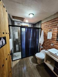 La salle de bains est pourvue d'une douche, de toilettes et d'un lavabo. dans l'établissement Cabaña Sasquatch, à Tapalpa