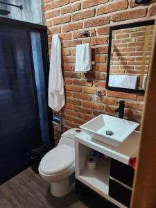 La salle de bains est pourvue de toilettes blanches et d'un lavabo. dans l'établissement Cabaña Sasquatch, à Tapalpa
