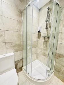 a shower stall in a bathroom with a toilet at Studio 64 in London