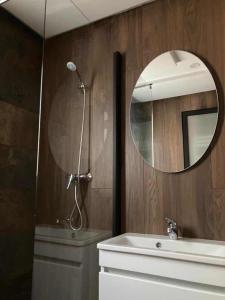 a bathroom with a shower and a sink and a mirror at Jade au cœur de la Marsa plage in La Marsa