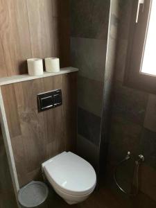 a small bathroom with a toilet and a shower at Jade au cœur de la Marsa plage in La Marsa