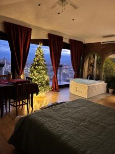 ポーポリにあるBellaVistaのクリスマスツリーのベッドルーム1室、ベッド1台が備わるベッドルーム1室が備わります。