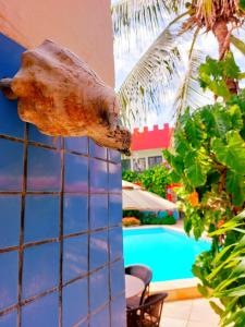 a fish head on a wall next to a swimming pool at Hotel de Charme Castelinho in Canoa Quebrada