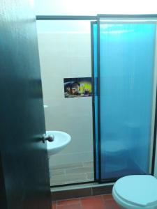 bagno con doccia, lavandino e servizi igienici di Hotel Chimeneas del Dorado a Sesquilé