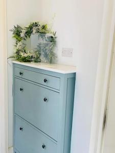 a blue dresser with a mirror and plants on it at Preachers Rest in Killough