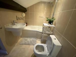 a bathroom with a toilet and a sink and a tub at Luxury Georgian Townhouse - Central Liverpool Location (Falkner St) in Liverpool