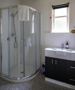 a bathroom with a glass shower and a sink at Sahara Deluxe Studios in Dunedin