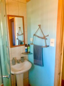 a bathroom with a sink and a mirror at Cabañas Antumahuida Antuco in Antuco