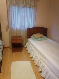ein kleines Schlafzimmer mit einem Bett und einem Fenster in der Unterkunft Cisnes del tolten in Freire