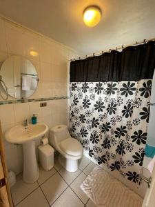 La salle de bains est pourvue d'un lavabo, de toilettes et d'un rideau de douche. dans l'établissement Hermosa cabaña a pasos de la playa, à Castro