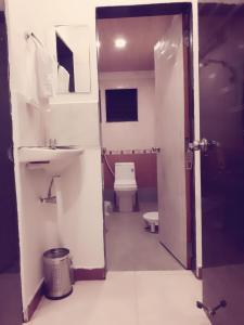 a small bathroom with a toilet and a sink at Hotel Savairah Palace in Mahabaleshwar
