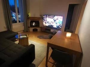 uma sala de estar com um sofá, uma mesa e uma televisão em appartement confortable em Cachan