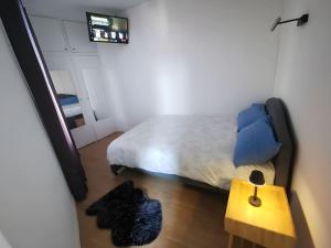 um quarto com uma cama, uma mesa e uma televisão em appartement confortable em Cachan