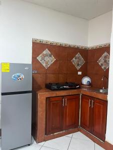 Apartamento Los Monges في ليون: مطبخ مع ثلاجة ودواليب خشبية