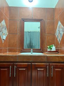 een badkamer met een wastafel en een spiegel bij Apartamento Los Monges in León