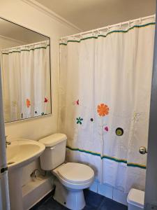 a bathroom with a toilet and a sink and a shower curtain at Condominio Florencia 524 in La Serena