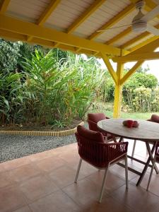 un patio avec une table et des chaises sous un toit dans l'établissement La Mare à Cuja, à Sainte-Rose