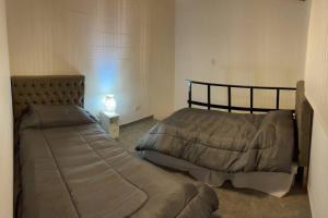 a bedroom with two beds and a lamp in it at Depto funcional en Comodoro! in Comodoro Rivadavia
