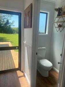 a bathroom with a toilet and a window and a door at Kereru Cottage in Kaikoura