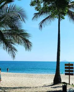 a beach with two palm trees and the ocean at Casa completa cond. fechado em Paúba, S. Sebastião in São Sebastião