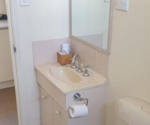 a bathroom with a sink and a mirror at Moss Vale Village Park in Moss Vale