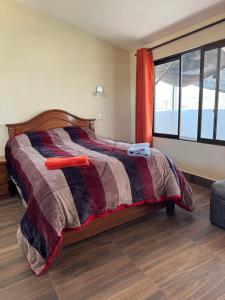 a bedroom with a bed with a blanket and a window at Apartamentos MI FAMILIA in Sucre