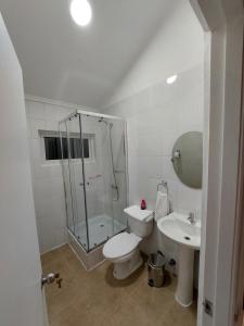 a bathroom with a shower and a toilet and a sink at Casa Isabella in Puerto Natales