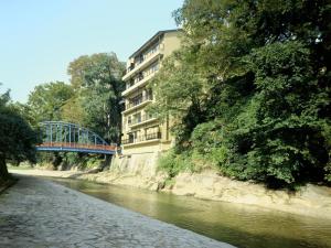 un edificio junto a un río con un puente en おばな旅館 富貴亭, en Nagano